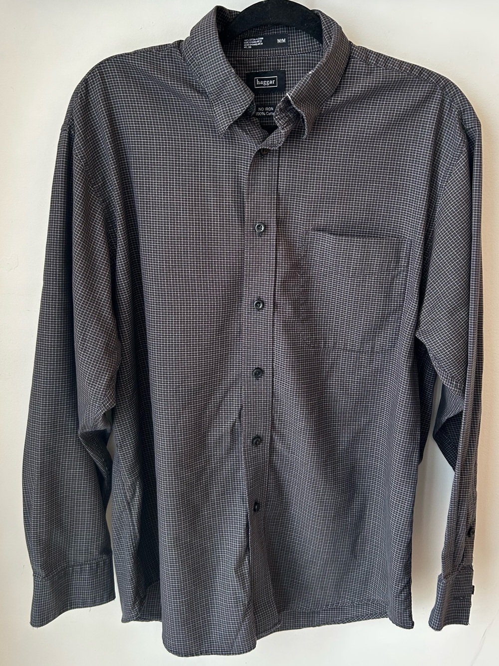 Haggar No Iron Cotton Grid Check Button Up Shirt Men’s Size Medium